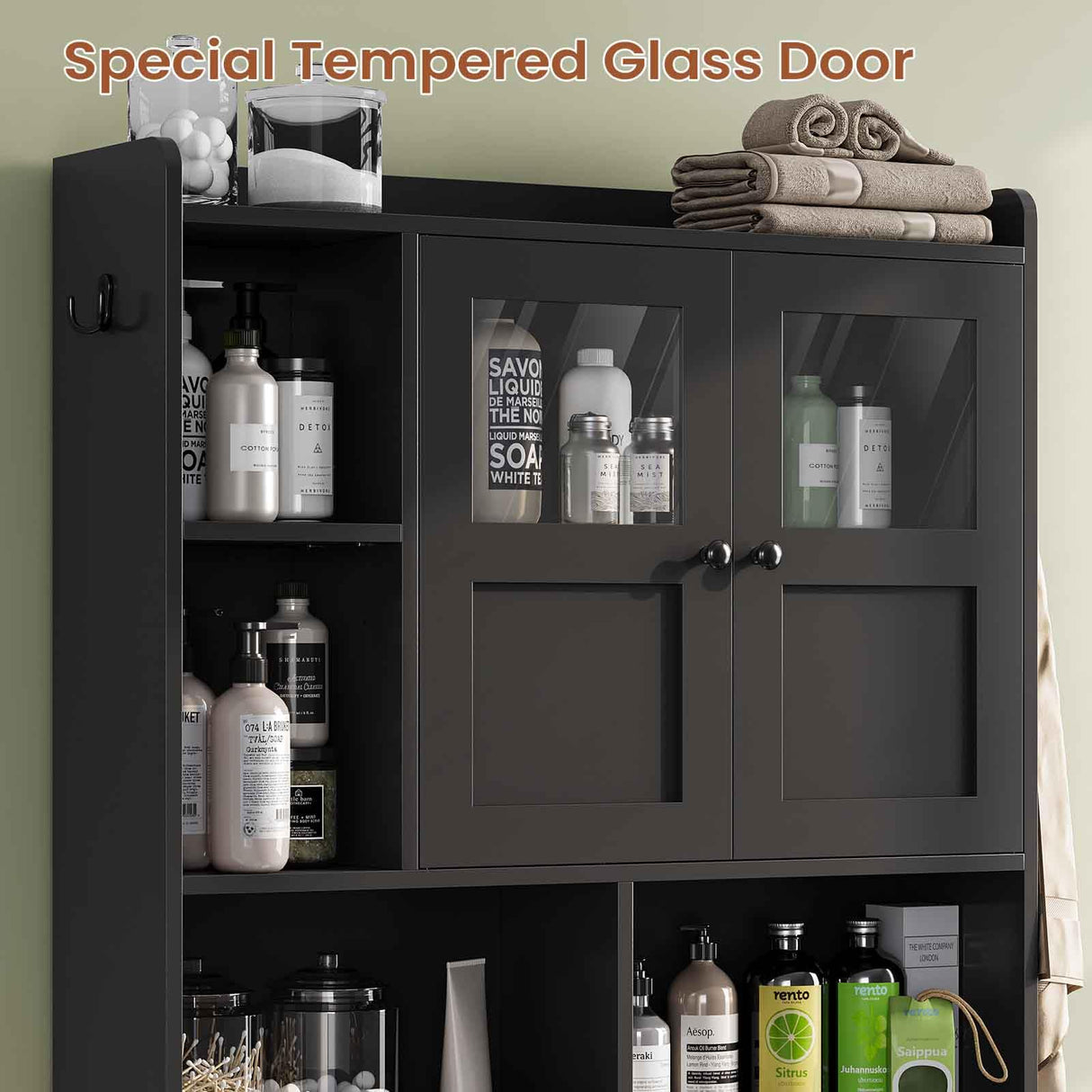 Itaar Over The Toilet Storage Cabinet, Over Toilet Bathroom Organizer with Glass Doors & Toilet Paper Holder Stand, Home Space-Saving Toilet Rack, for Bathroom, Restroom, Laundry(Black) Itaar