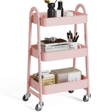 OLIXIS 3 Tier Utility Rolling Cart, Metal Mobile Storage Shelf with Lockable Caster Wheels, Organization for Livingroom, Bathroom & Narrow Places, Pink OLIXIS