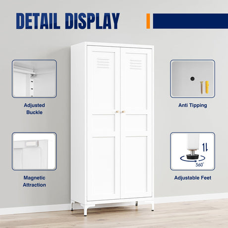 Yizosh Metal Storage Cabinet with 2 Doors and 4 Adjustable Shelves - 61" White Locking Pantry Storage Cabinet, 5-Tier Tall Steel Cabinet Locker for Home Office, Living Room, Dinning Room Yizosh
