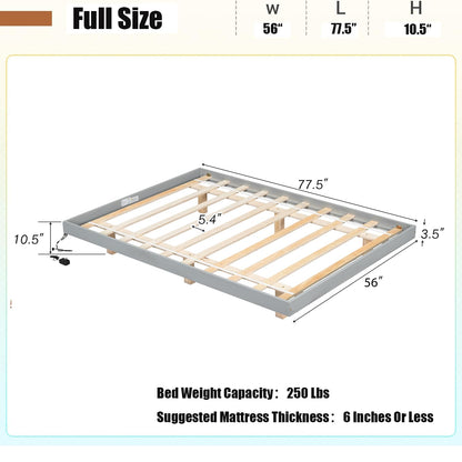 10.5"Classic Low Profile Floating Solid Wood Platform Bed，Floor Bed Frame With Led Ambient Lighting,Japanese Style Design Without Headboard Easy Assembly No Box Springs Required (Grey, Full)