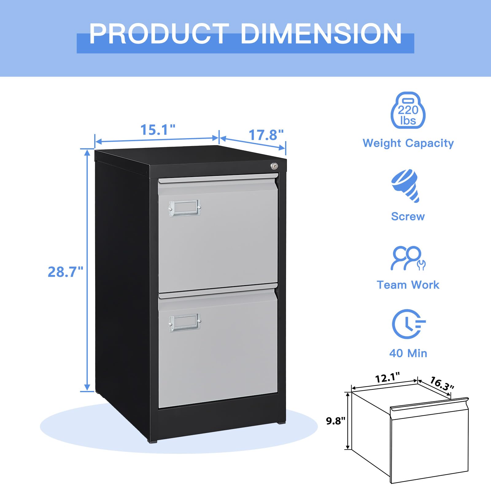 Yizosh 2 Drawer File Cabinet with Lock, Filing Cabinets for Home Office, Metal Locking Office File Storage Cabinets with Drawers, Vertical Small Filing Cabinet Organizer for Legal/A4 - WoodArtSupply