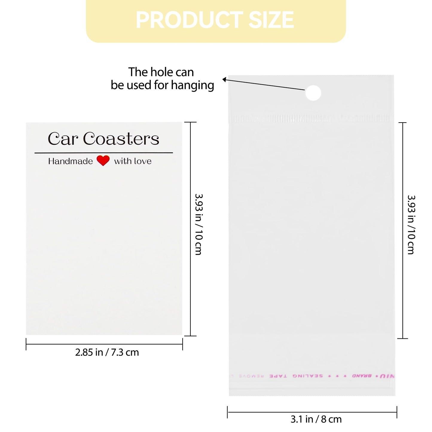 Vcekract 100Pcs Car Coaster Packaging for Selling, Sublimation Car Coasters Cards with 100Pcs Bags, Car Coaster Packaging, Coasters Display Cards 3.93x2.85In, Heat Press Machines Accessories