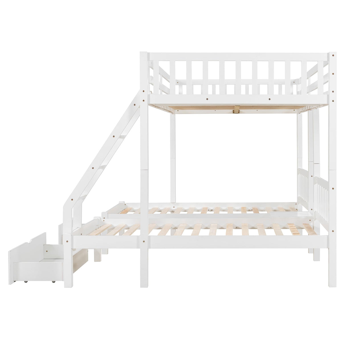 Merax Full Over Twin & Twin Bunk Bed for 3, Wooden Triple Bunk Bed with 2 Storage Drawers, Ladder and Guardrails, No Box Spring Needed, White Merax