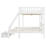 Merax Full Over Twin & Twin Bunk Bed for 3, Wooden Triple Bunk Bed with 2 Storage Drawers, Ladder and Guardrails, No Box Spring Needed, White Merax