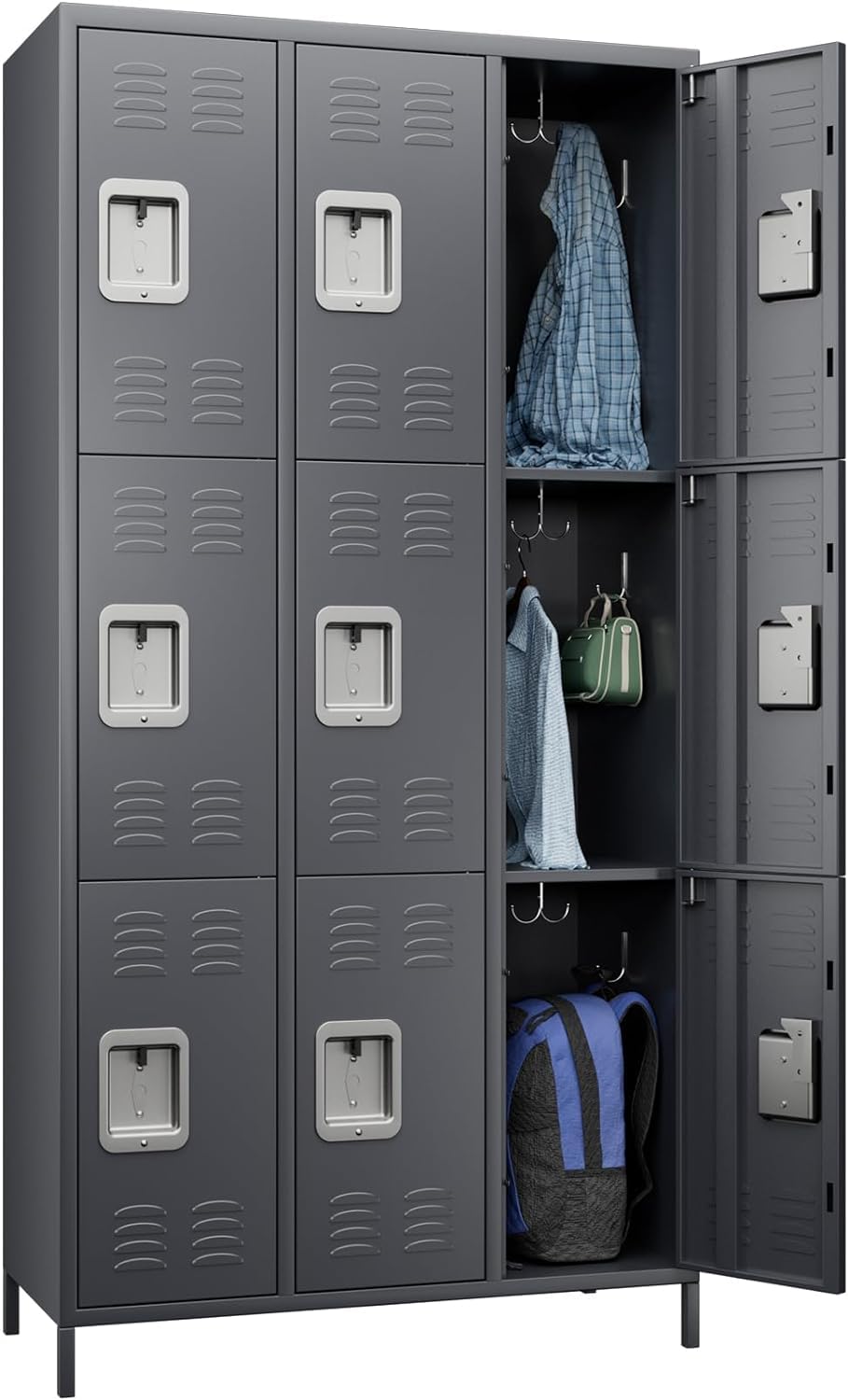 GangMei Metal Lockers for Employees with Loc, Locker Storage Cabinet with 18 Hooks&9 Doors, Steel Storage Locker Cabinet for School, Office, Gym, Bedroom,Assembly Required (Dark Grey) GangMei
