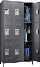 GangMei Metal Lockers for Employees with Loc, Locker Storage Cabinet with 18 Hooks&9 Doors, Steel Storage Locker Cabinet for School, Office, Gym, Bedroom,Assembly Required (Dark Grey) GangMei
