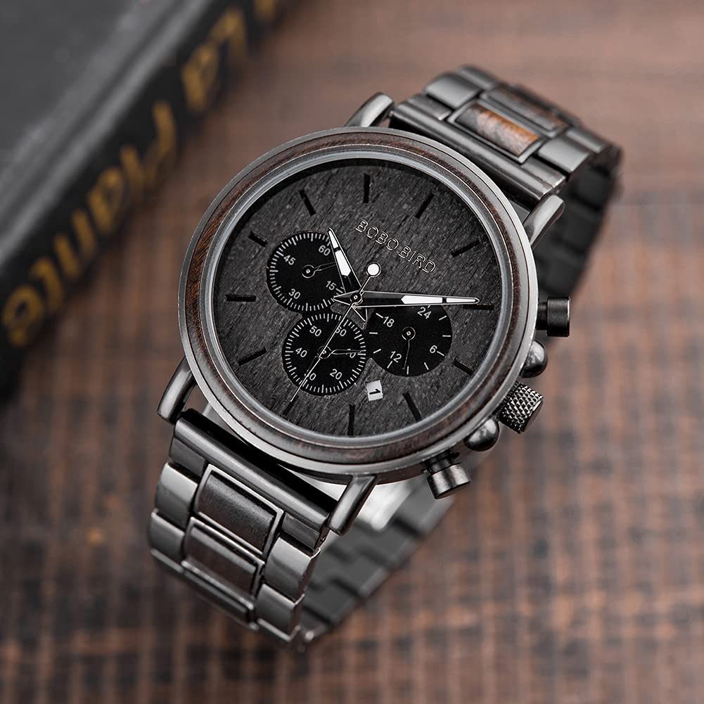 2win Engraved Wooden Watch for Men - Personalized with Custom Back Cover and Box Photo, Analog-Digital Display, Wood & Stainless Steel Band - WoodArtSupply