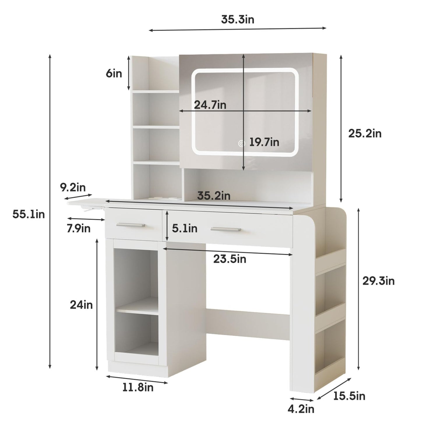 Vabches Vanity Desk with Mirror and Lights, Makeup Vanity with Charging Station, Vanity Table with Drawers, Shelves and Large Storage Cabinet for Home and Bedroom