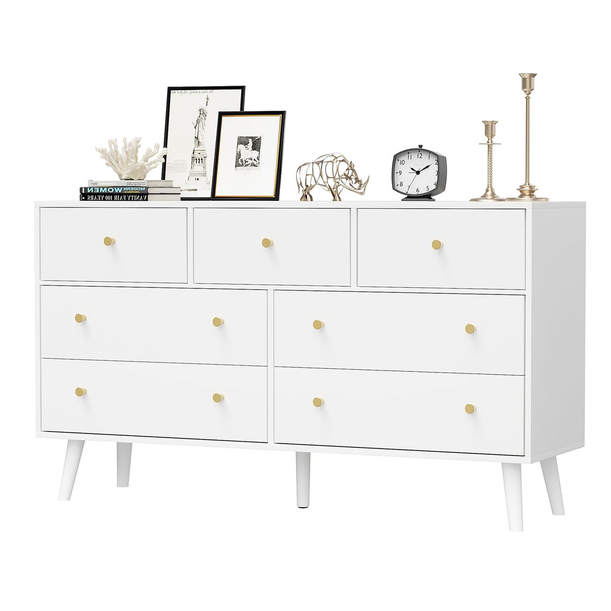 HOUROM White Dresser for Bedroom, Dresser with 7 Drawers, Wood Dressers & Chests of Drawers, Modern Double Dresser with Wide Drawer and Metal Handles HOUROM