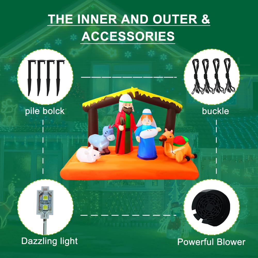 8 FT Christmas Inflatable Nativity Scene with Baby Jesus, Parents, Donkey, Sheep, Star, Blow Up Birth of Jesus Manger Scene Set Indoor & Outdoor Decorations Garden, Lawn, Yard, Christmas Parties AIGNC