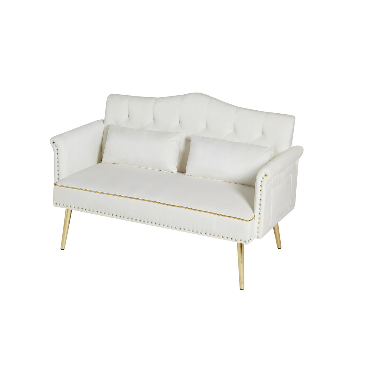 hansones 55-Inch Modern Velvet Loveseat Sofa with Gold Metal Legs & Side Pockets, Tufted Backrest, Perfect for Living Room, Bedroom, or Office (Modern Beige) hansones