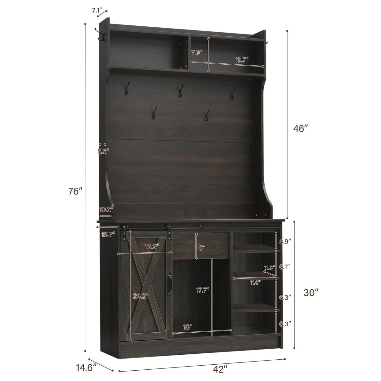 4ever2buy Farmhouse Hall Tree with Storage, 42 Inch Wide Entryway Bench with 2 Sliding Barn Doors, Brown Tall Hall Tree with Coat Rack & Shoe Storage for Living Room 4ever2buy