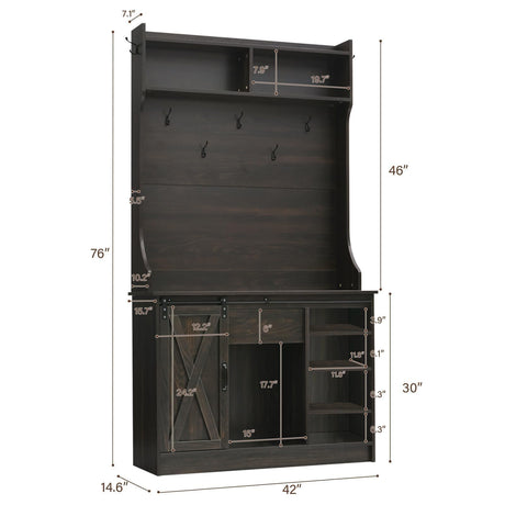 4ever2buy Farmhouse Hall Tree with Storage, 42 Inch Wide Entryway Bench with 2 Sliding Barn Doors, Brown Tall Hall Tree with Coat Rack & Shoe Storage for Living Room 4ever2buy