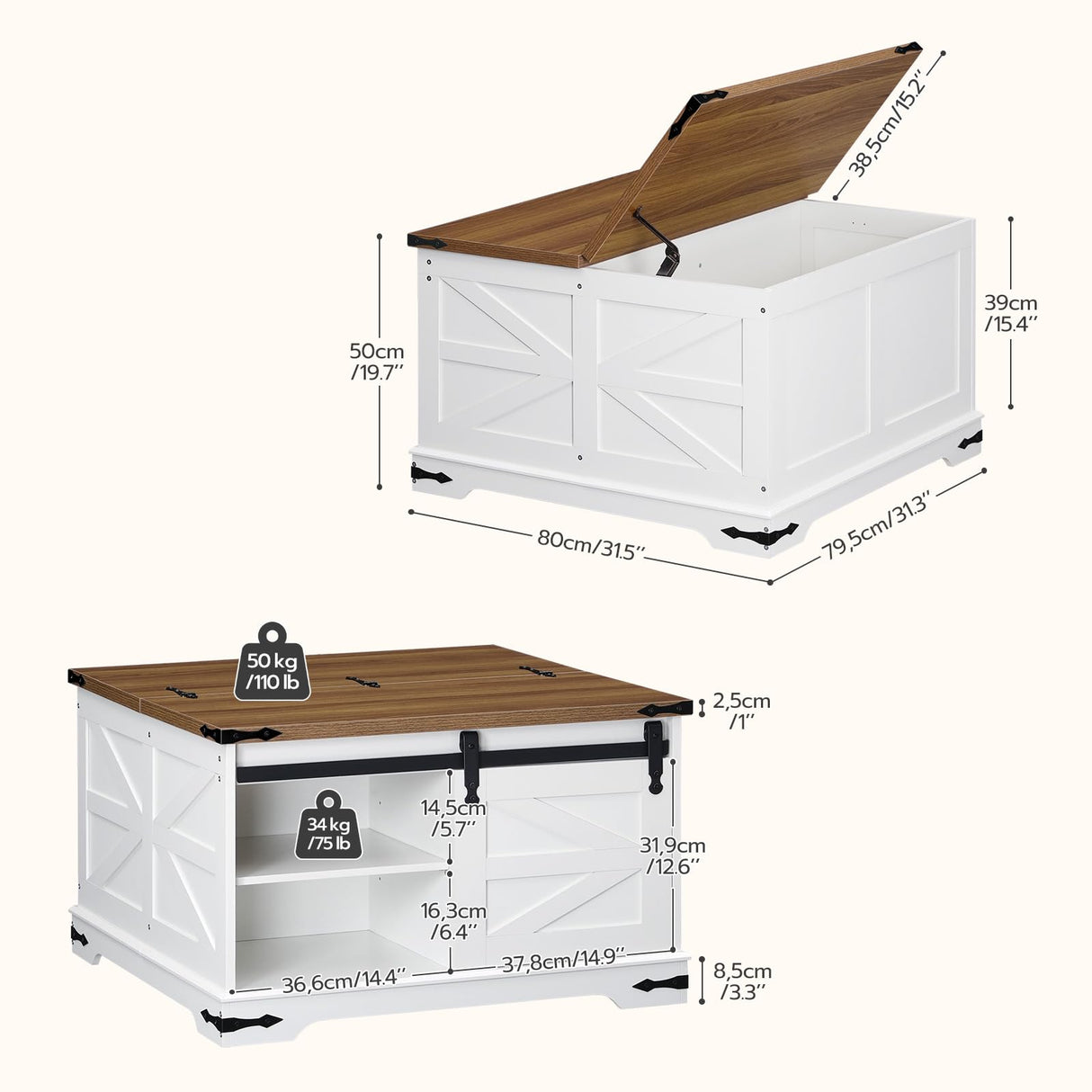 HOOBRO Farmhouse Coffee Table, Large Square Coffee Table for Living Room, Lift Top Coffee Table Square, Wooden White Coffee Table with Barn Door, Hidden Space, White and Walnut WH80KF01 HOOBRO