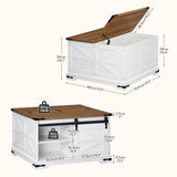 HOOBRO Farmhouse Coffee Table, Large Square Coffee Table for Living Room, Lift Top Coffee Table Square, Wooden White Coffee Table with Barn Door, Hidden Space, White and Walnut WH80KF01 HOOBRO