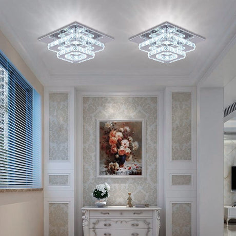 FRIXCHUR Crystal Ceiling Light Square Chandelier Modern LED Flush Mount 2 Layers Ceiling Lamp Lighting Fixture for Dining Room Living Room Bedrooms Kitchen Hallway Foyer (Cool White) FRIXCHUR