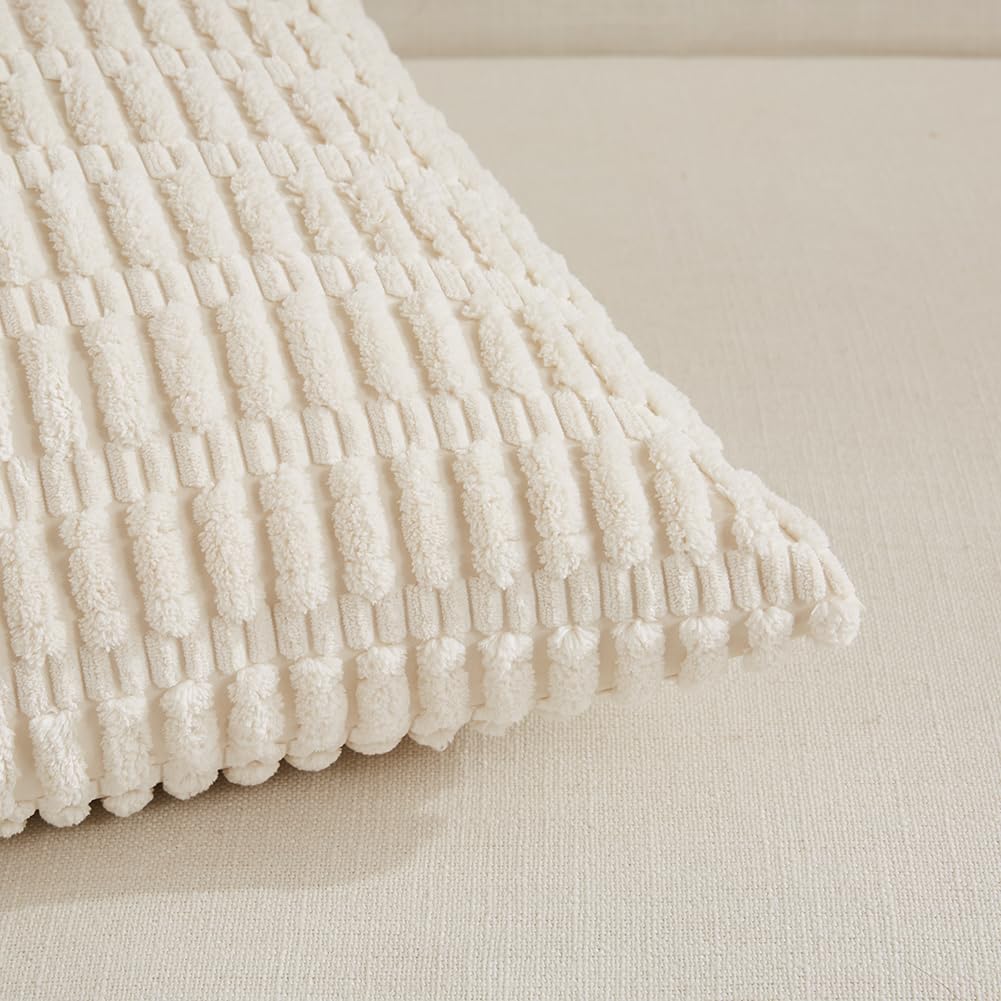 Fancy Homi 4 Packs Boho Cream Decorative Throw Pillow Covers 18x18 Inch for Living Room Couch Bed Sofa, Rustic Modern Farmhouse Home Decor, Soft Plush Corduroy Cute Square Beige Cushion Case 45x45 cm Fancy Homi