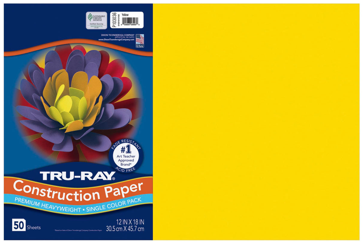 Tru-Ray® Heavyweight Construction Paper, Yellow, 12" x 18", 50 Sheets Tru-Ray