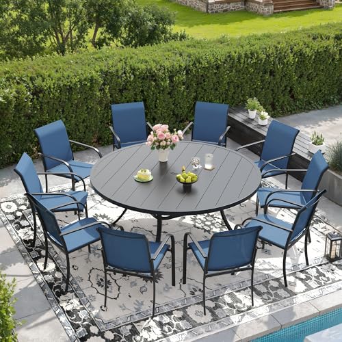 DIFY 11 Pieces Outdoor Patio Dining Set for 10, 60" Black Round Metal Dining Table and 10 Blue Stackable Sling Dining Chairs, Outdoor Table and Chairs for Lawn Garden Backyard Deck DIFY