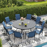 DIFY 11 Pieces Outdoor Patio Dining Set for 10, 60" Black Round Metal Dining Table and 10 Blue Stackable Sling Dining Chairs, Outdoor Table and Chairs for Lawn Garden Backyard Deck DIFY