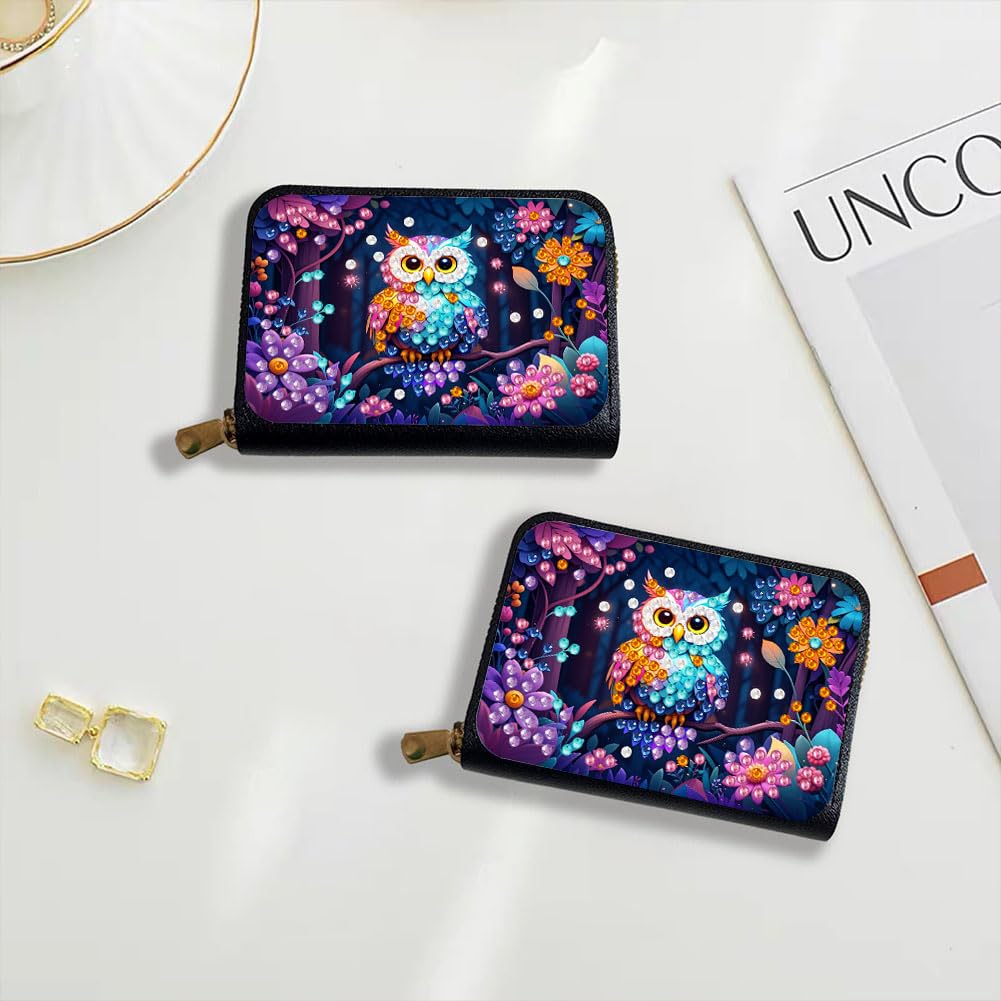 DIY Diamond Art Painting Kit - PU Leather Credit Card Holder Wallet & Coin Purse with Owl Pattern, Zipper Organizer 4.33x3.14in for Adults Santiway
