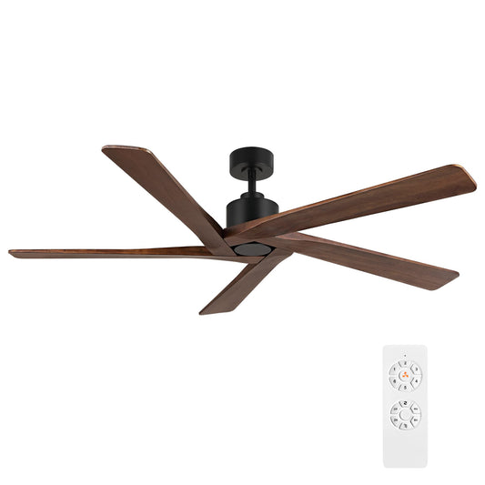 WINGBO 54 Inch DC Ceiling Fan without Lights, 5 Reversible Carved Solid Wood Blades, 6-Speed Noiseless DC Motor, Ceiling Fan No Light with Remote, Matte Black Finish with Walnut Blades, ETL L - WoodArtSupply