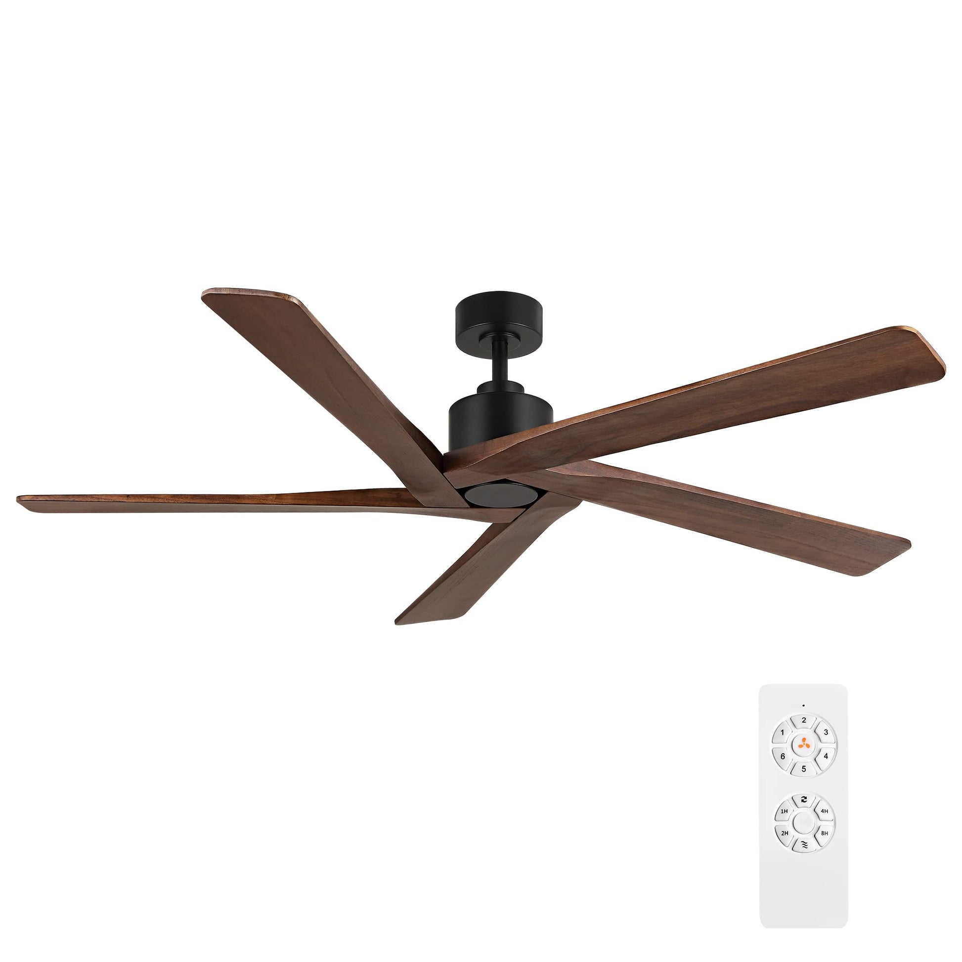 WINGBO 64 Inch DC Ceiling Fan without Lights, 5 Reversible Carved Solid Wood Blades, 6-Speed Noiseless DC Motor, Ceiling Fan No Light with Remote, Matte Black Finish with Walnut Blades, ETL L - WoodArtSupply