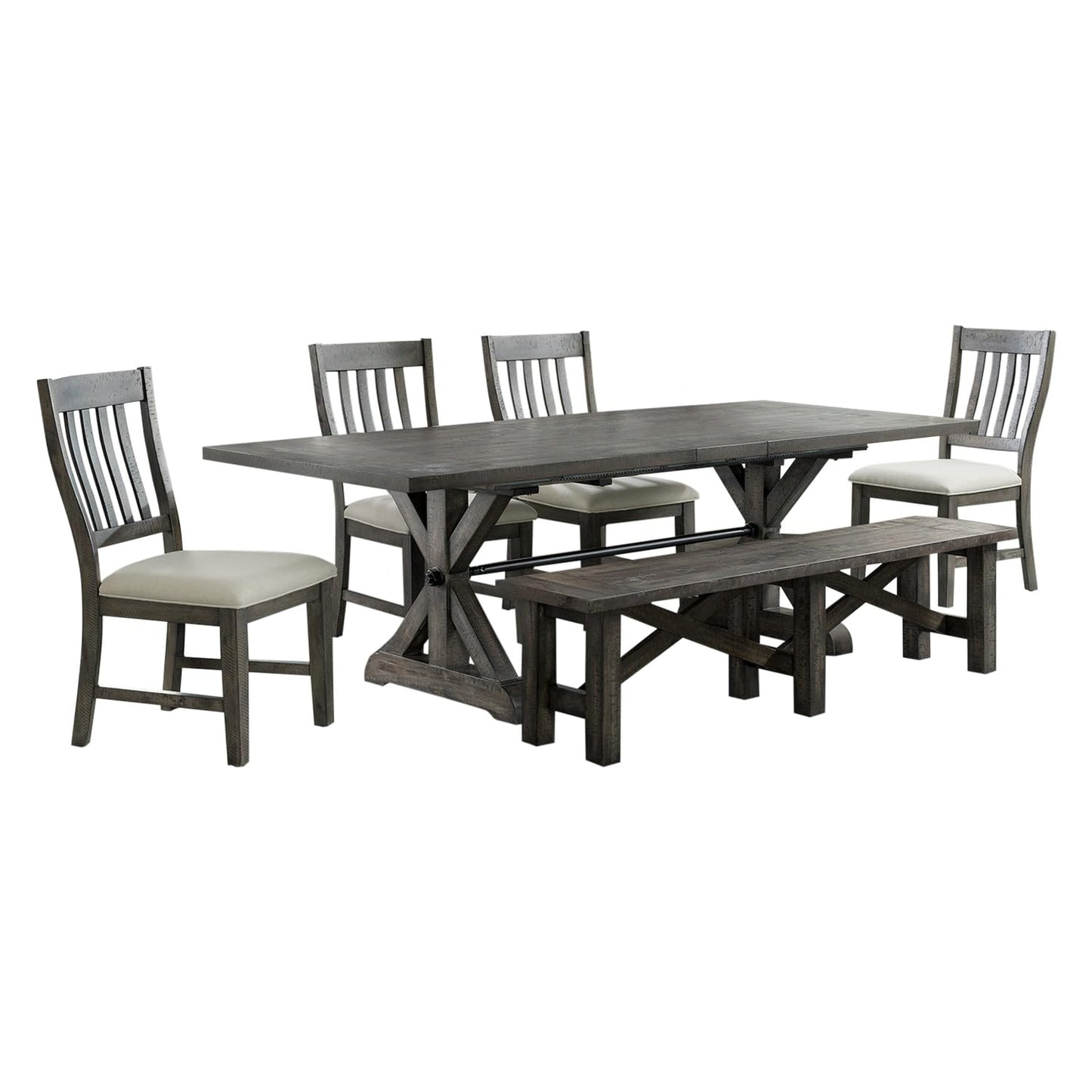 HomeStock 6 Piece Dining Set with Bench, 96" Rectangular Extendable Table, 4 Upholstered Side Chairs, Distressed Gray Wood, Seats 8 - WoodArtSupply