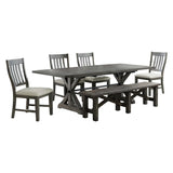 HomeStock 6 Piece Dining Set with Bench, 96" Rectangular Extendable Table, 4 Upholstered Side Chairs, Distressed Gray Wood, Seats 8 HomeStock