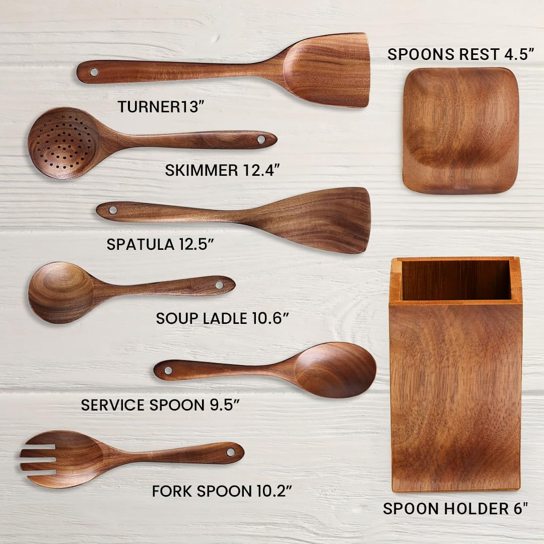 8-Piece Wooden Utensil Set for Cooking | Wooden Kitchen Utensils Set with Wooden Spoons, Spatulas, Ladle, Spoon Rest, Holder | Non-Toxic Wooden Cooking Utensils, Perfect for Non-Stick Cookware