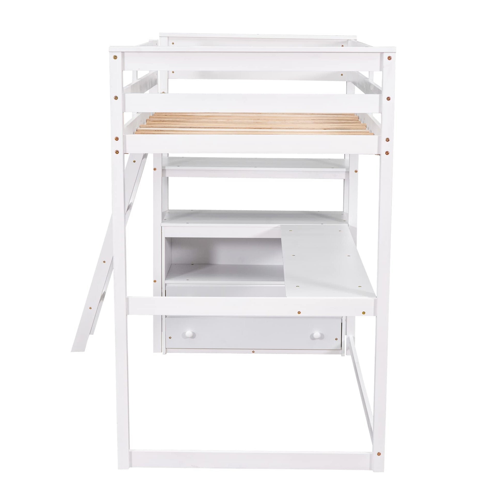 MERITLINE Twin Loft Bed with Desk, Storage Drawers and Shelves in White - WoodArtSupply