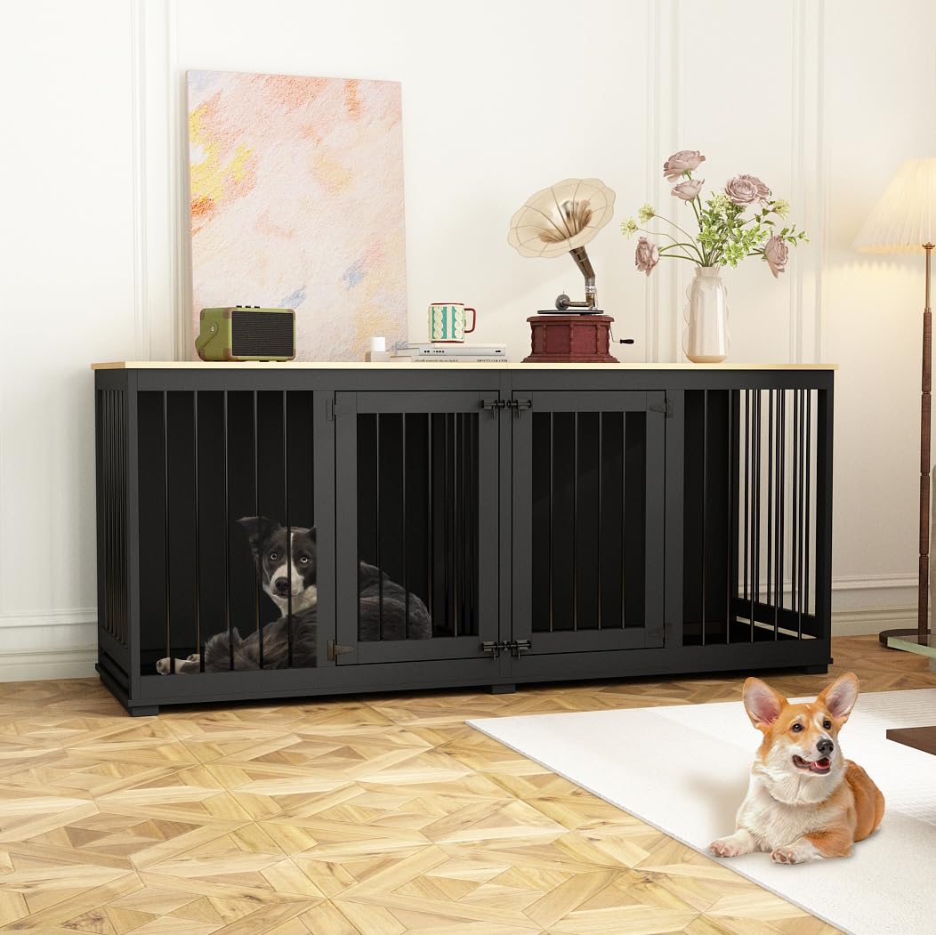 DAWNSPACES Dog Crate Furniture 71" Heavy Duty Wooden Large Dog Kennel with Removable Divider & 2 Trays, Indoor Furniture Style Dog Crate House with Double Rooms for Large Medium Small Dogs, Black DAWNSPACES