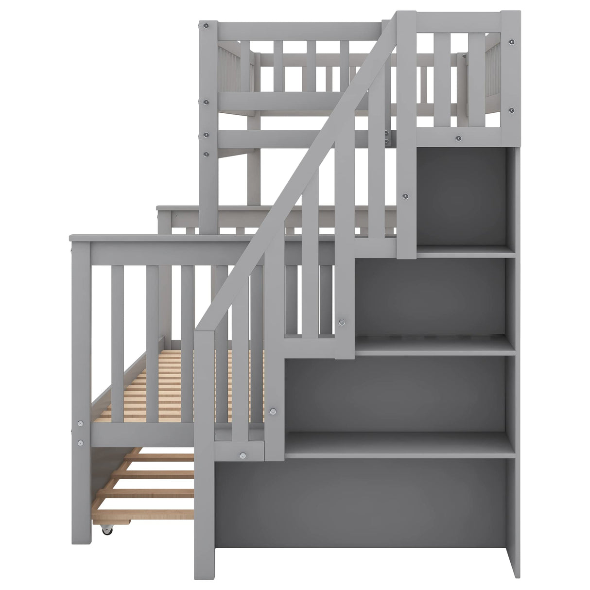 Harper & Bright Designs Twin Over Full Bunk Beds with Trundle, Bunk Beds with Stairs and Storage Shelf,Wood Bunk Beds with Full-Length Guard Rail for Kids, Gray Harper & Bright Designs