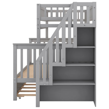 Harper & Bright Designs Twin Over Full Bunk Beds with Trundle, Bunk Beds with Stairs and Storage Shelf,Wood Bunk Beds with Full-Length Guard Rail for Kids, Gray