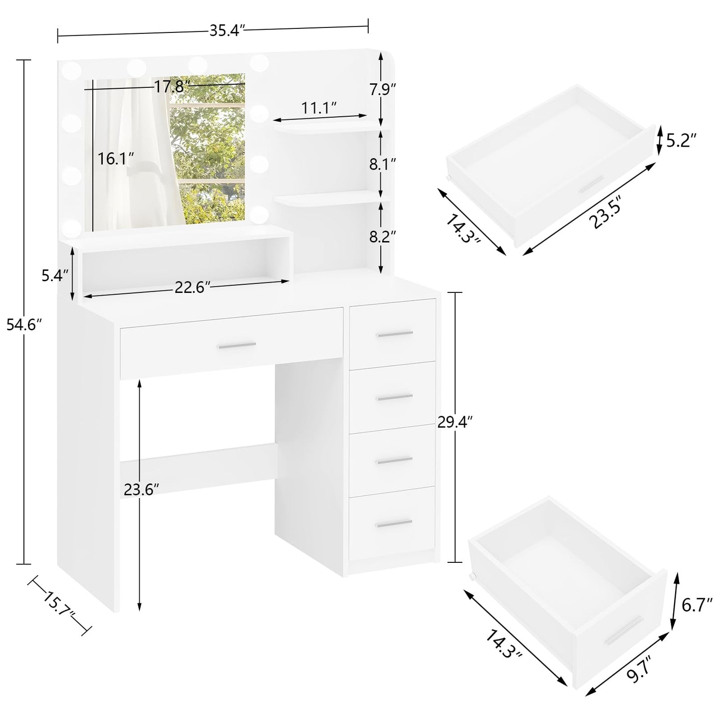 FIONESO Makeup Vanity Desk with Mirror, 10 Lights, 5 Drawers, 3 Storage Shelves, 3 Color Modes & Adjustable Brightness Dressing Table, 35.4” Desk, White