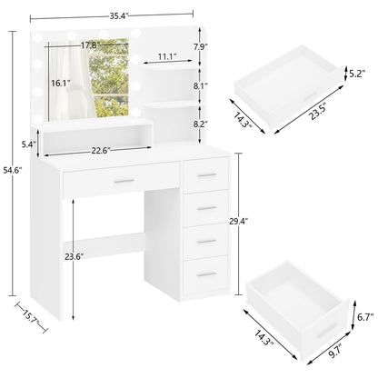 FIONESO Makeup Vanity Desk with Mirror, 10 Lights, 5 Drawers, 3 Storage Shelves, 3 Color Modes & Adjustable Brightness Dressing Table, 35.4” Desk, White