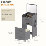 Gurexl 3 in 1 Vanity Desk with Flip Top Mirror,Small Make Up Vanity Set with Visible Glass Desktop,Cushioned Tool,Dressing Table for Bedroom,Compact Makeup Vanity with 3 Drawers,Grey Gurexl