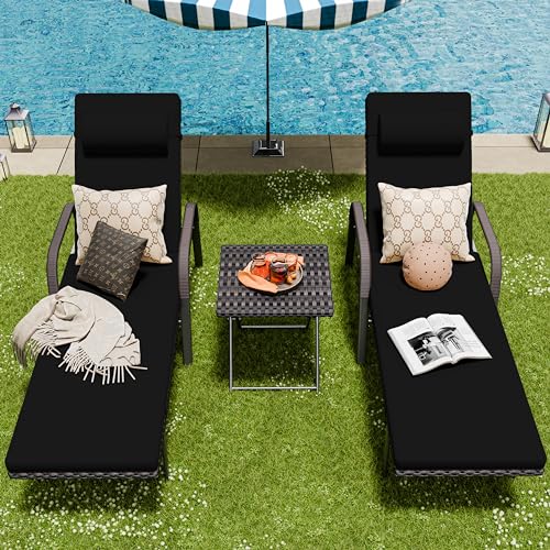 ASJMR Patio Chaise Lounge Set 3 Pieces Outdoor Lounge Chair with Rattan Adjustable Backrest Armrest and Folding Table for Beach Patio,Sand, for Poolside Backyard Porch