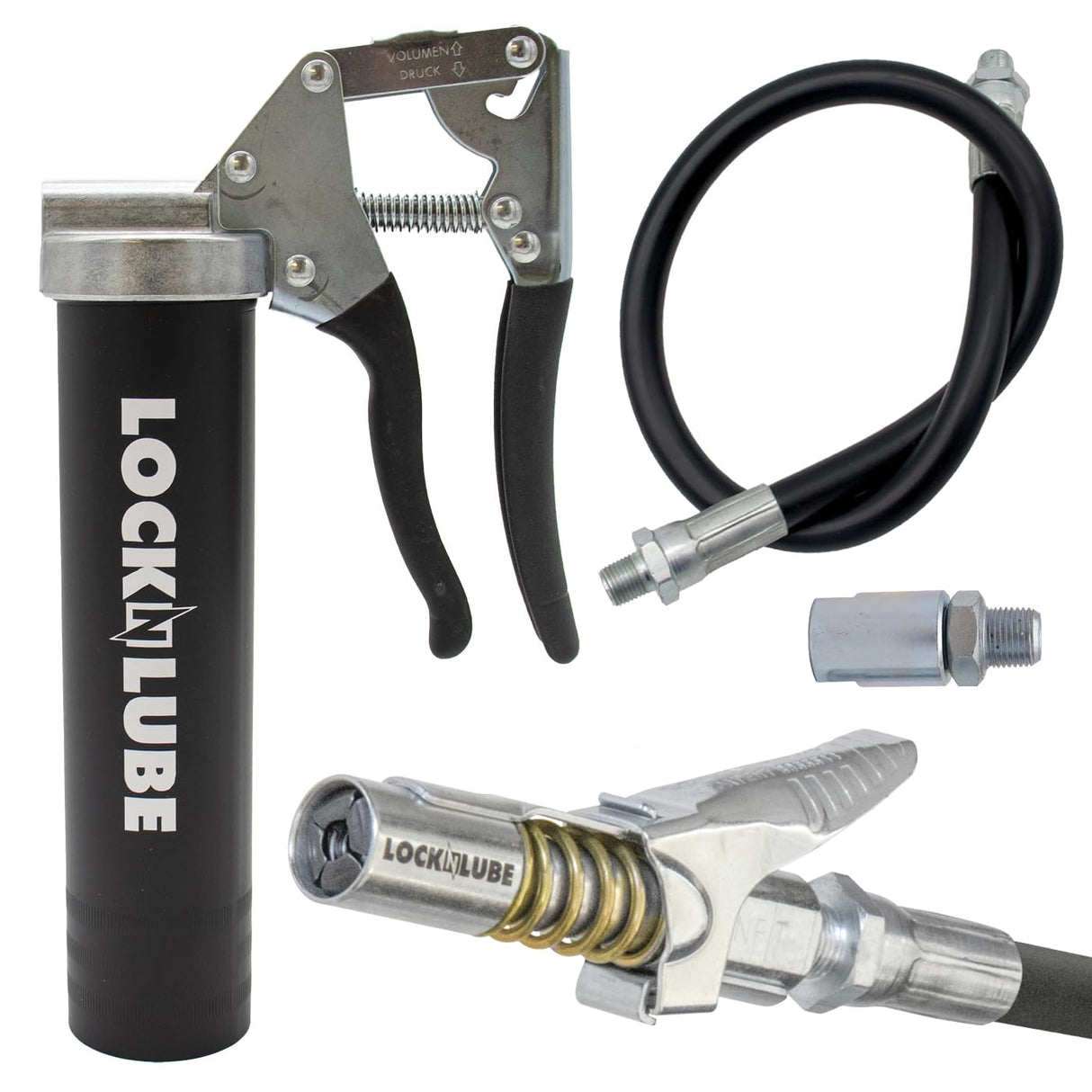 LockNLube Easy-Prime Pistol-Grip Grease Gun. Includes Our Patented Grease Coupler (Locks on, Stays on, Won't Leak!) Plus a 20" Hose and in-line Hose Swivel. LockNLube