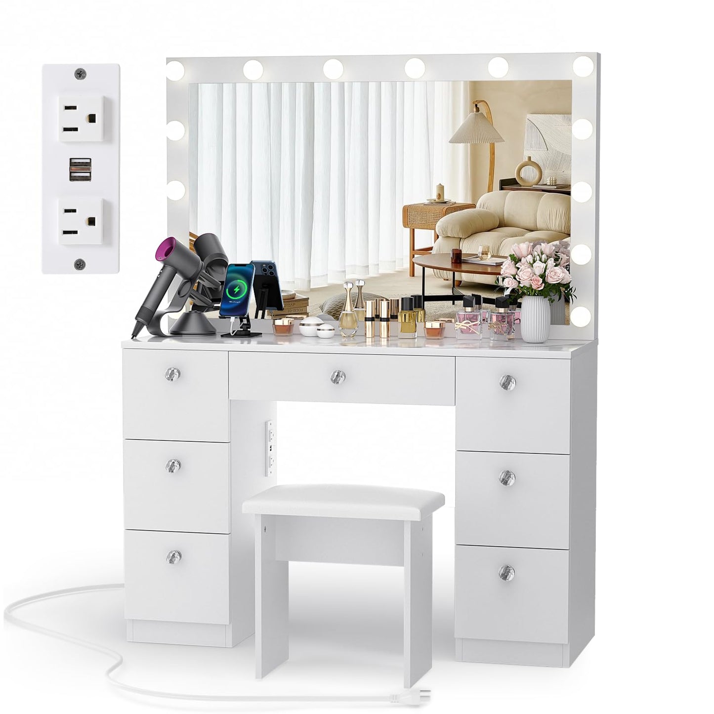 SMOOL Vanity with Lighted Mirror, Makeup Vanity Desk with Power Outlet and LED Bulbs, 3 Color Lighting Modes Adjustable Brightness, 7 Drawers Vanity Table with Cushioned Stool for Bedroom, Ma - WoodArtSupply