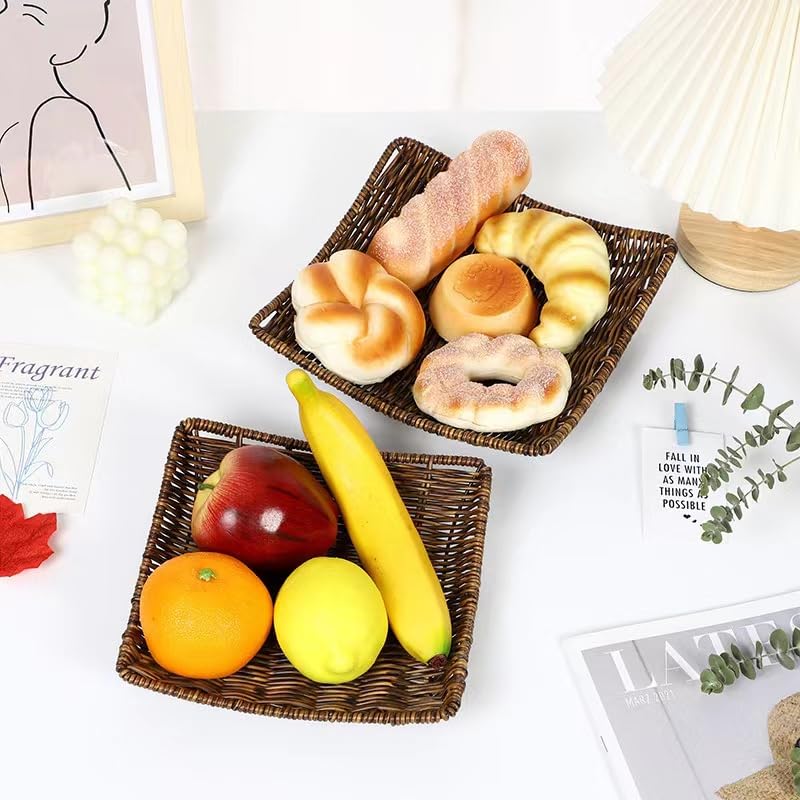 PGYXGS 1X Rattan Bread Basket Square Plastic Wicker Fruit Serving Storage Bowl, Woven Decorative Kitchen Counter Organizing for Bakery Snacks Candy Restaurant 20*20CM - Brown PGYXGS