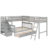 Bellemave L-Shape Triple Bunk Beds with Stairs and Storage Drawers Twin Over Full Bunk Bed Attached a Loft Bed with Drawers Wood Corner Bunked for 3 Kids Boys Girls Teens, Gray Bellemave