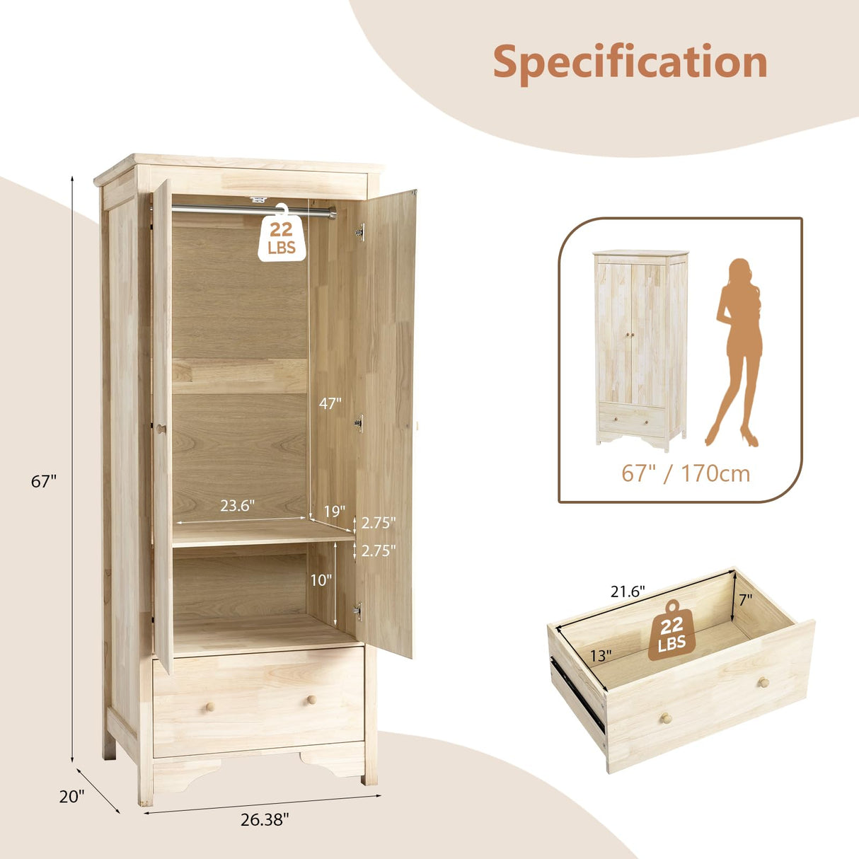 VINGLI Solid Wood Wardrobe Closet, Unfinished Wood Armoire Color DIY, Natural Rubber Wood Wardrobe Closet with Doors and Drawers, Real Wood Wardrobe Closet for Hanging Clothes, Wooden Wardrobe Cabinet VINGLI