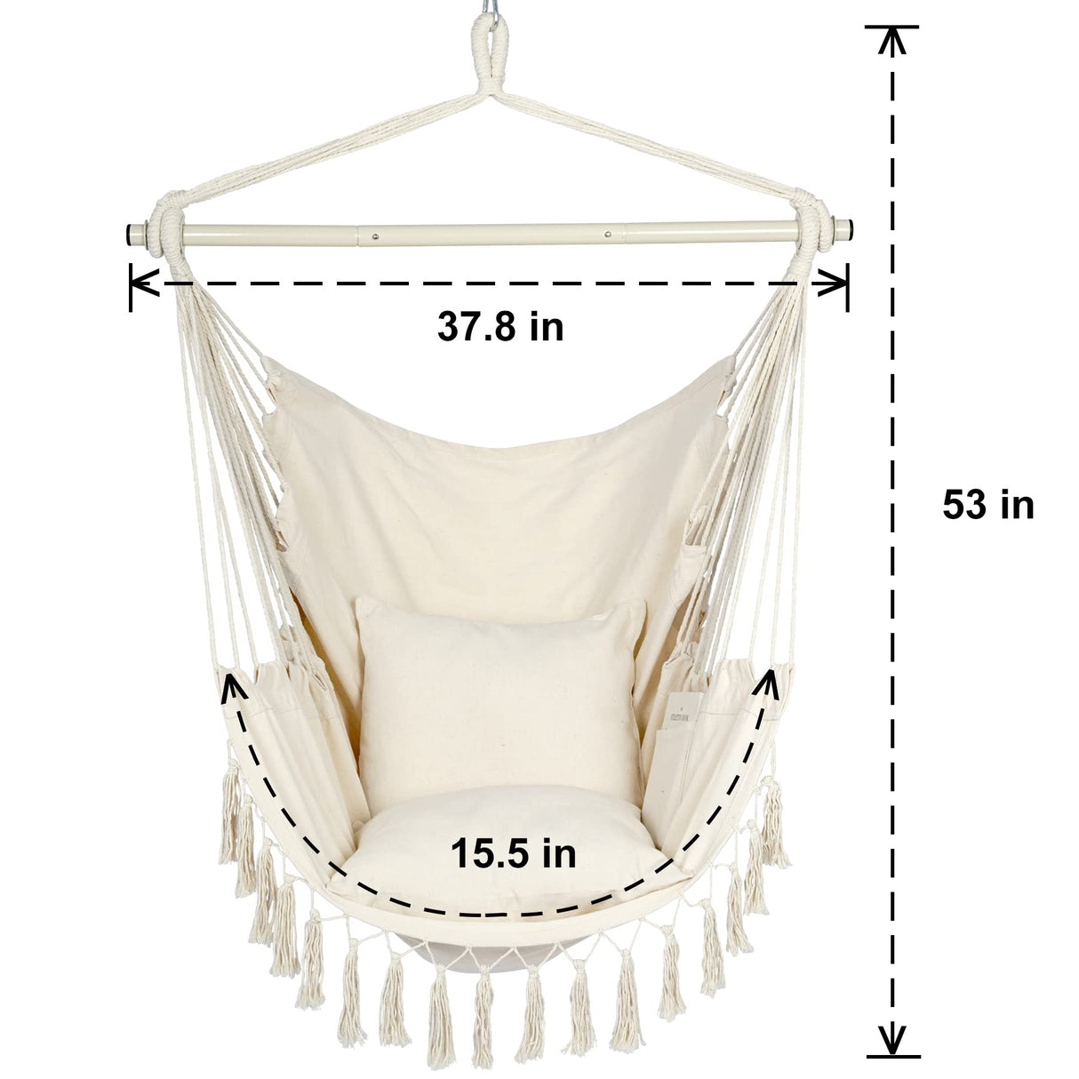 Y- Stop Hammock Chair Hanging Rope Swing, Max 500 Lbs, 2 Cushions Included, Large Macrame Hanging Chair with Pocket for Superior Comfort, with Hardware Kit (Beige) Y- STOP