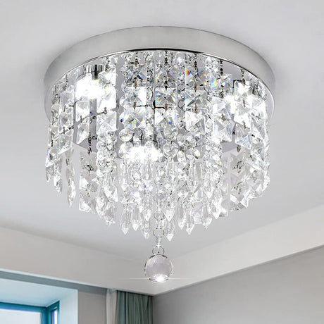 Deckrico Crystal Chandelier Modern Led Ceiling Light Flush Mount Stainless Steel Fixture Beaded Light Shade for Bedroom Dining Room Hallway Porch (White Light) Deckrico