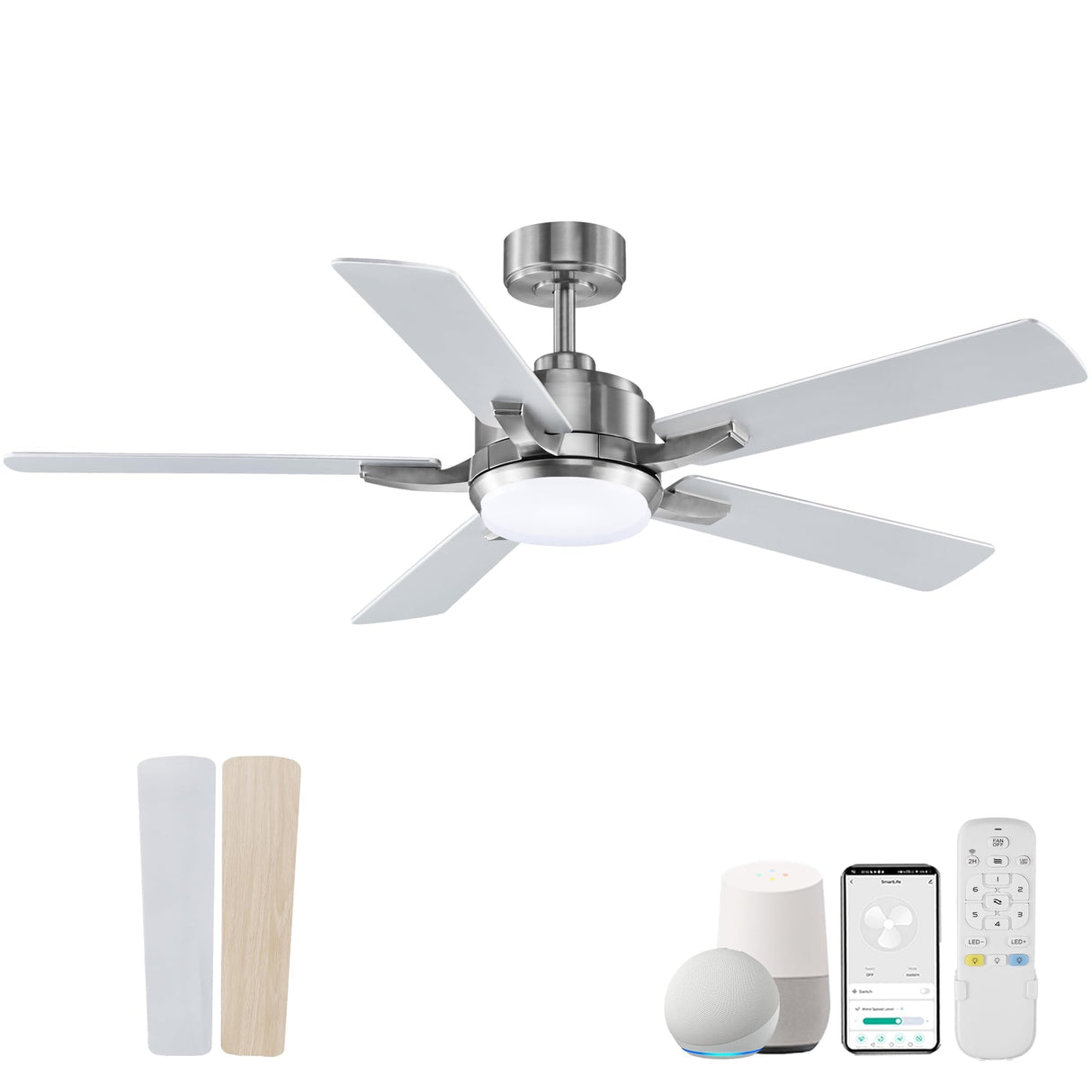 cumilo 52” Smart Outdoor Ceiling Fans LED Lights and Remote,Quiet DC Motor,6 Speed,Dimmable,Indoor Modern Brushed Nickel Ceiling Fan Controlled by WIFI Alexa App,Gray Silver Wood Bedroom Patio Porch cumilo