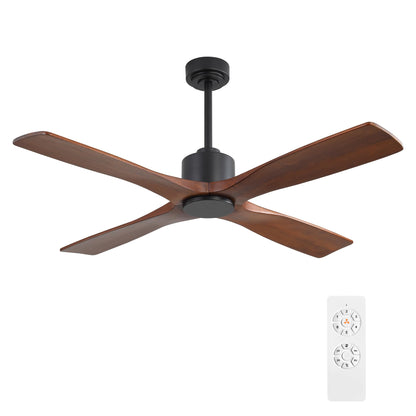 WINGBO 48 Inch DC Ceiling Fan Without Lights, 4 Carved Solid Wood Blades, 6-Speed Noiseless Reversible DC Motor, Modern Ceiling Fan No Light with Remote, Black Finish with Walnut Blades, ETL Listed