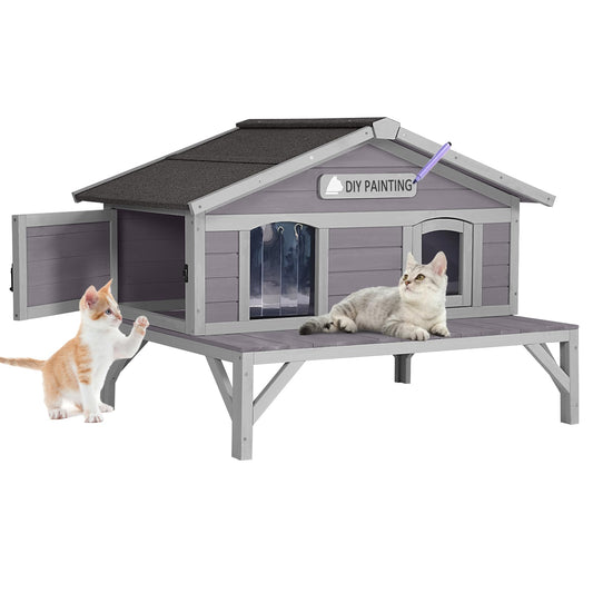 Outdoor Cat House, Shelter for Feral Cats Wooden Kitty Shelter, Weatherproof Cat Enclosure with Large Balcony - WoodArtSupply