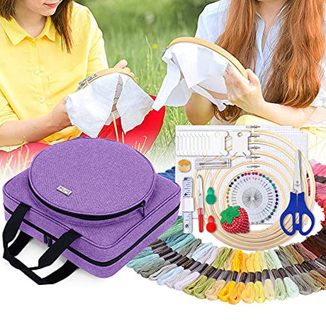 LoDrid Embroidery Kit, Embroidery Project Bag with Embroidery Kit, Portable Craft Carry Case with Starter Kit, Embroidery Supplies Storage Bag and Cross Stitch Kits for Beginner, Adults, Purple LoDrid