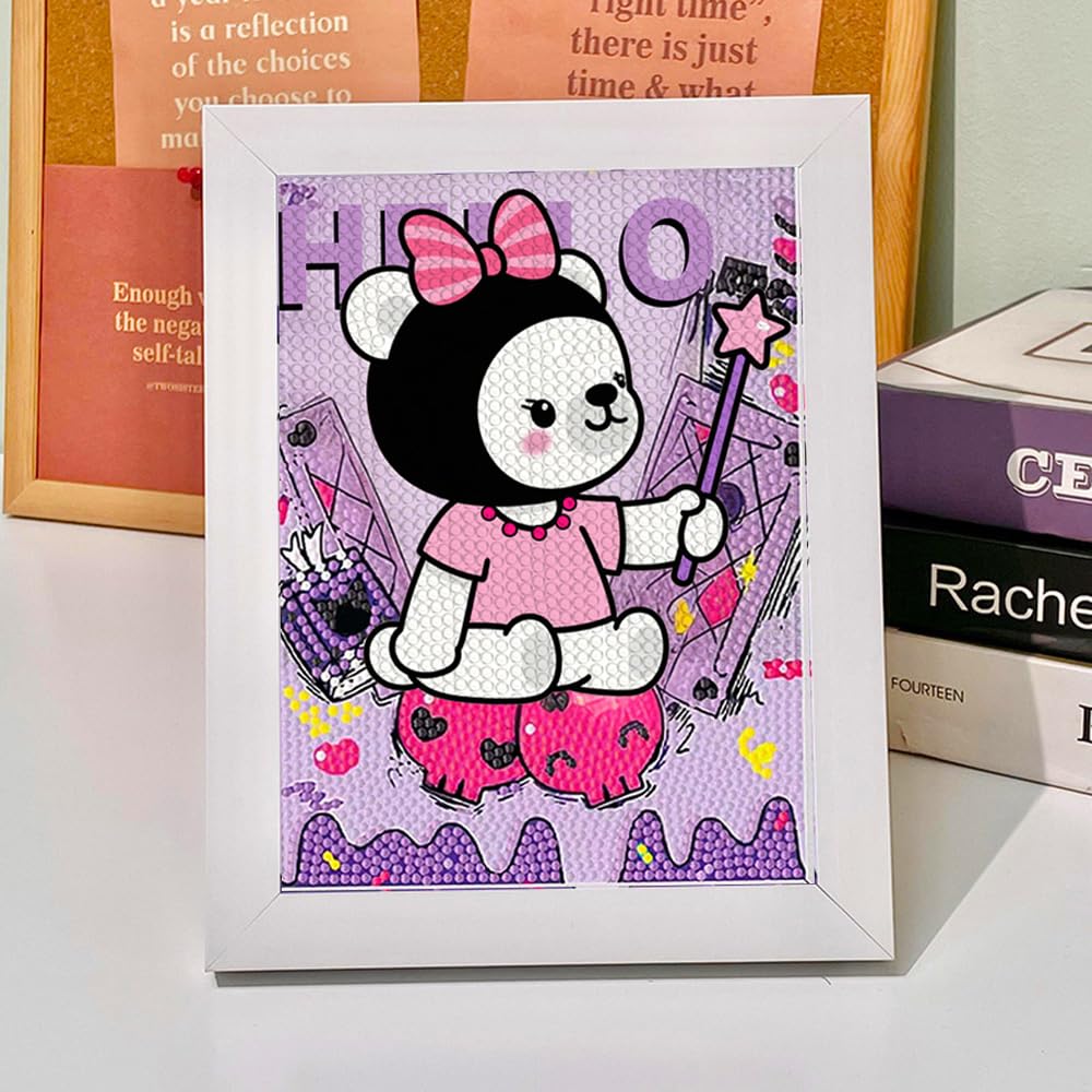 PERFECTSIGHT Cute 5D Diamond Art Kits with Wooden Frame, Kawaii DIY Painting Art for Adults Teen, Diamond Arts and Crafts Sets, Big Gem Full Drill Diamond Dots for Home Wall Decor (Magic Kuro) PERFECTSIGHT